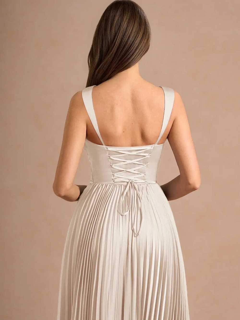 Azazie Cream Pleated Maxi Dress with Corset & Structured Bodice - Picture 5 of 6